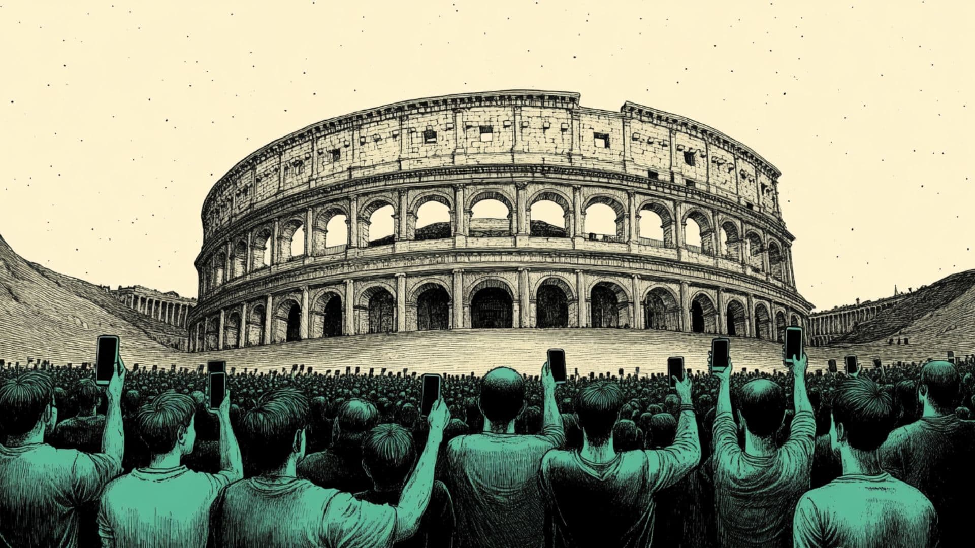 Mulțime cu telefoane ridicate în fața Colosseumului, ilustrând tehnologia vs. istorie